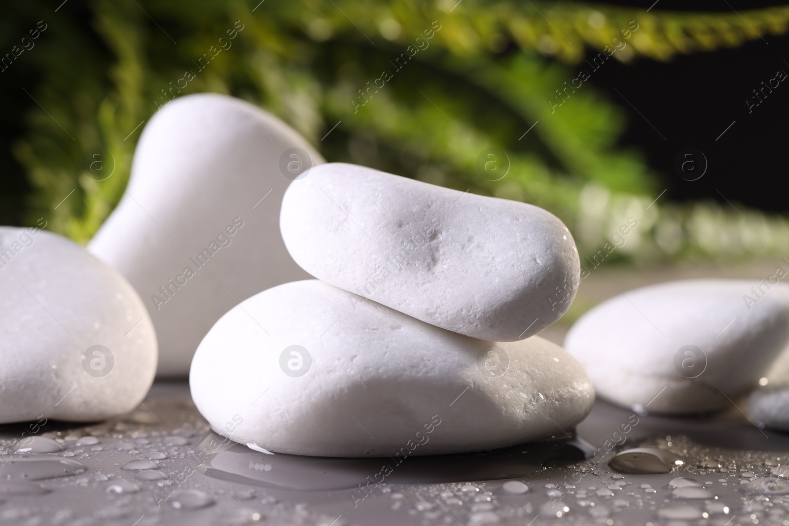 Photo of White spa stones with water drops on grey background, closeup