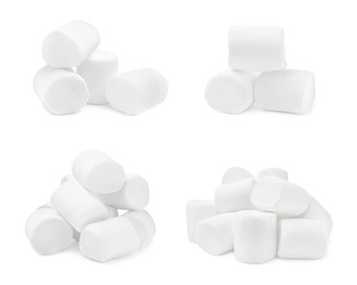 Set with delicious sweet puffy marshmallows on white background 