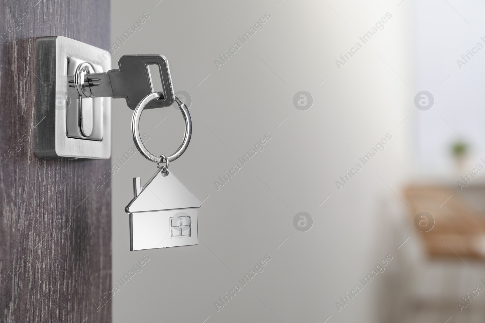 Photo of Mortgage and real estate. Open door with key and house shaped keychain against blurred background, space for text