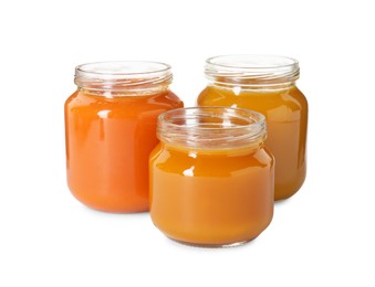 Baby food. Different healthy puree in jars isolated on white