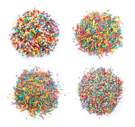 Set with colorful sprinkles on white background, top view. Confectionery decor