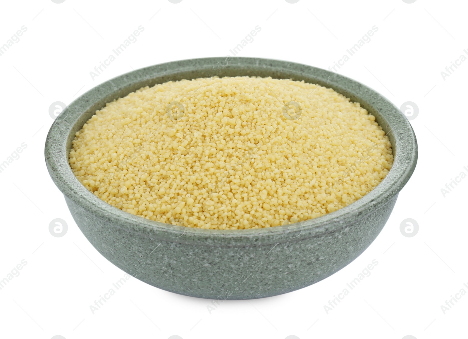 Photo of Bowl of raw couscous isolated on white