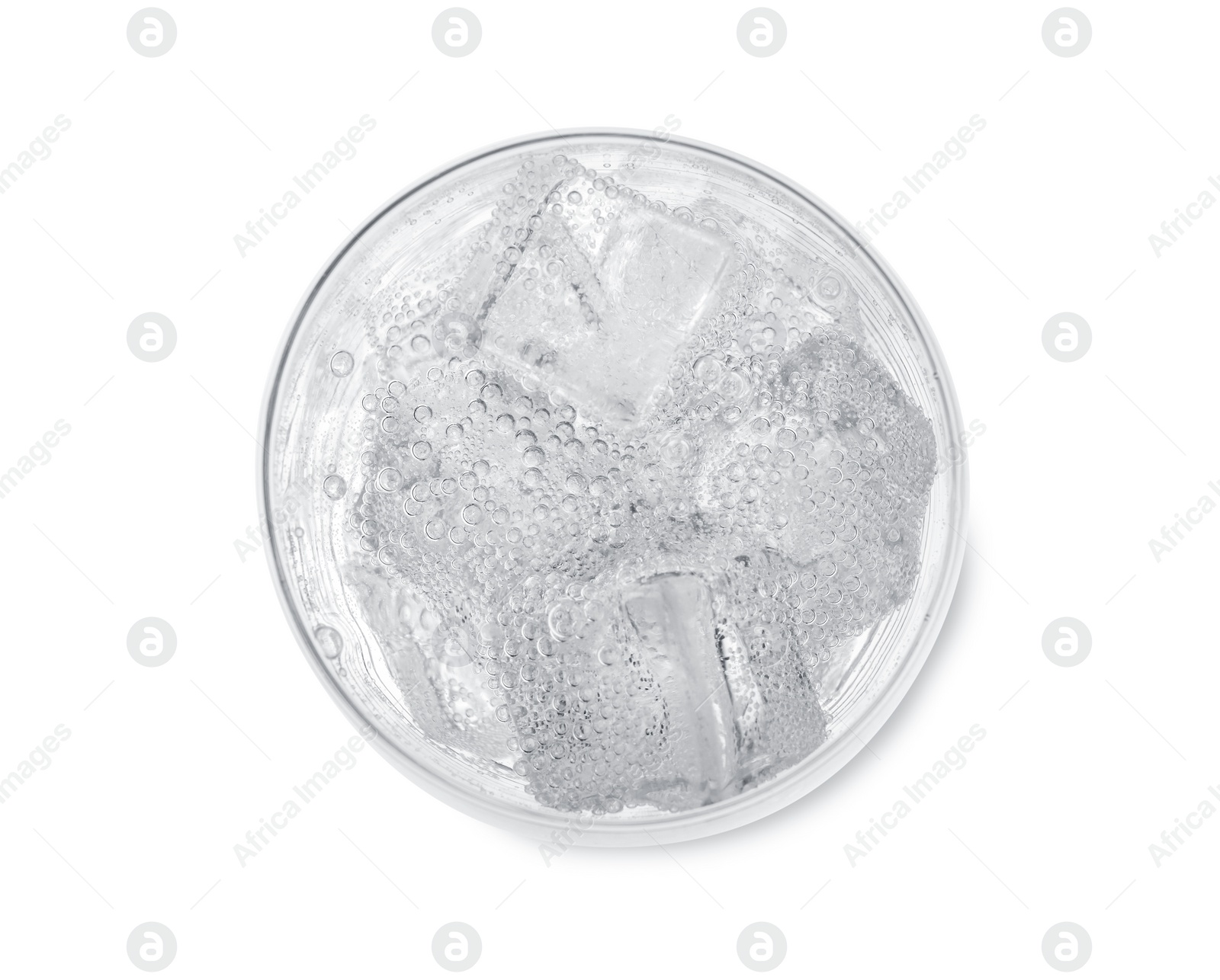 Photo of Top view of soda water with ice in glass on white background