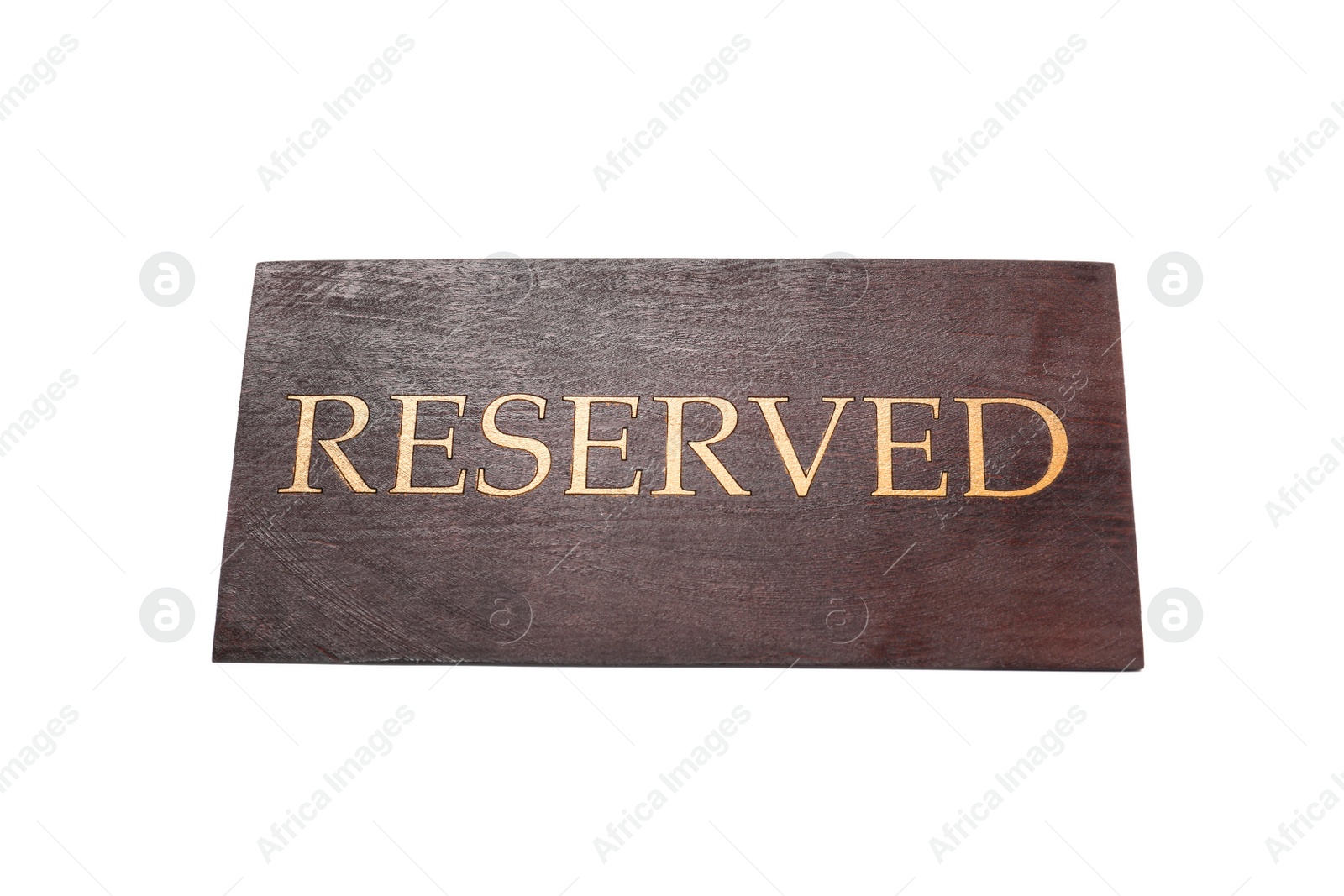 Photo of Elegant wooden sign RESERVED on white background. Table setting element