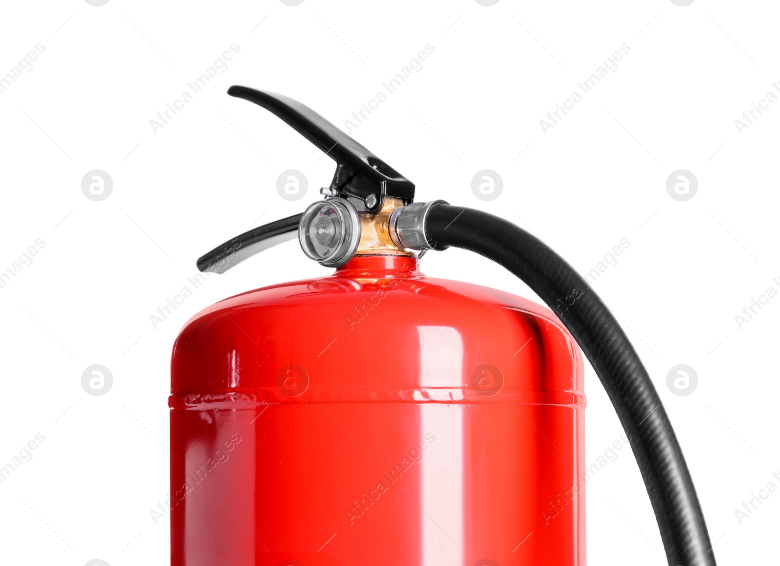 Photo of One red fire extinguisher on white background