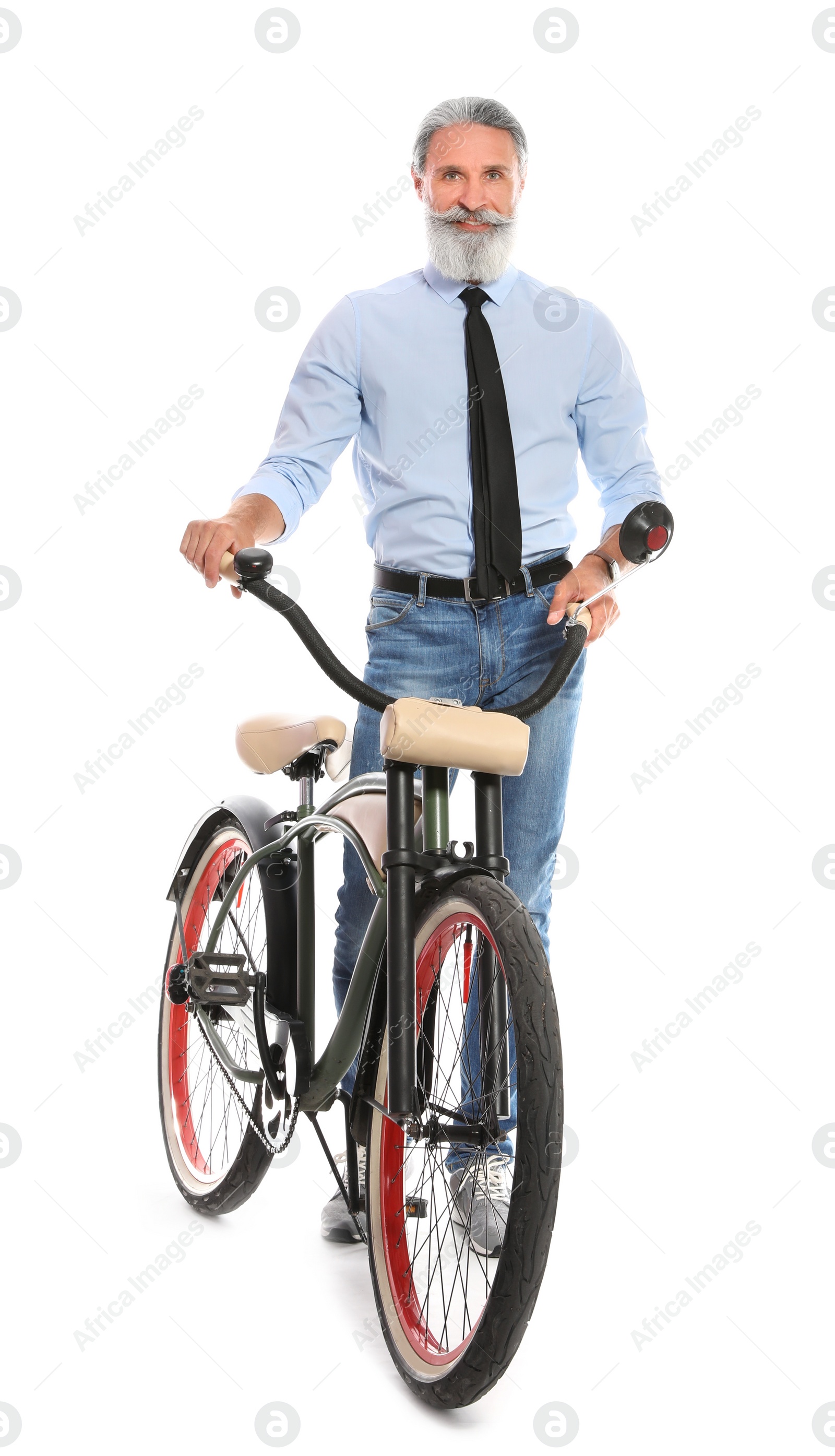 Photo of Portrait of handsome mature man with bicycle on white background