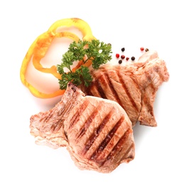 Photo of Delicious grilled meat with pepper and parsley on white background, top view