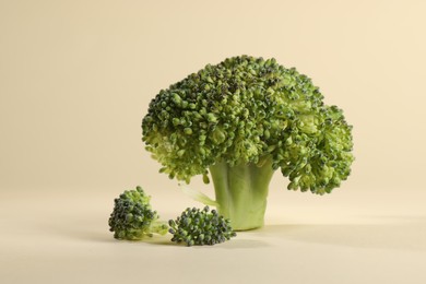 Fresh raw broccoli on beige background, closeup