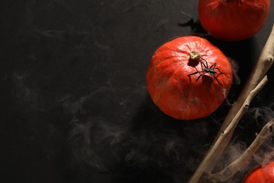 Photo of Halloween composition with pumpkins, decorative spiders and wooden branch on black background, above view. Space for text