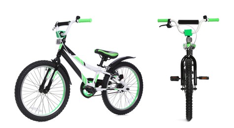 Image of Bicycle on white background, views from different sides. Collage design
