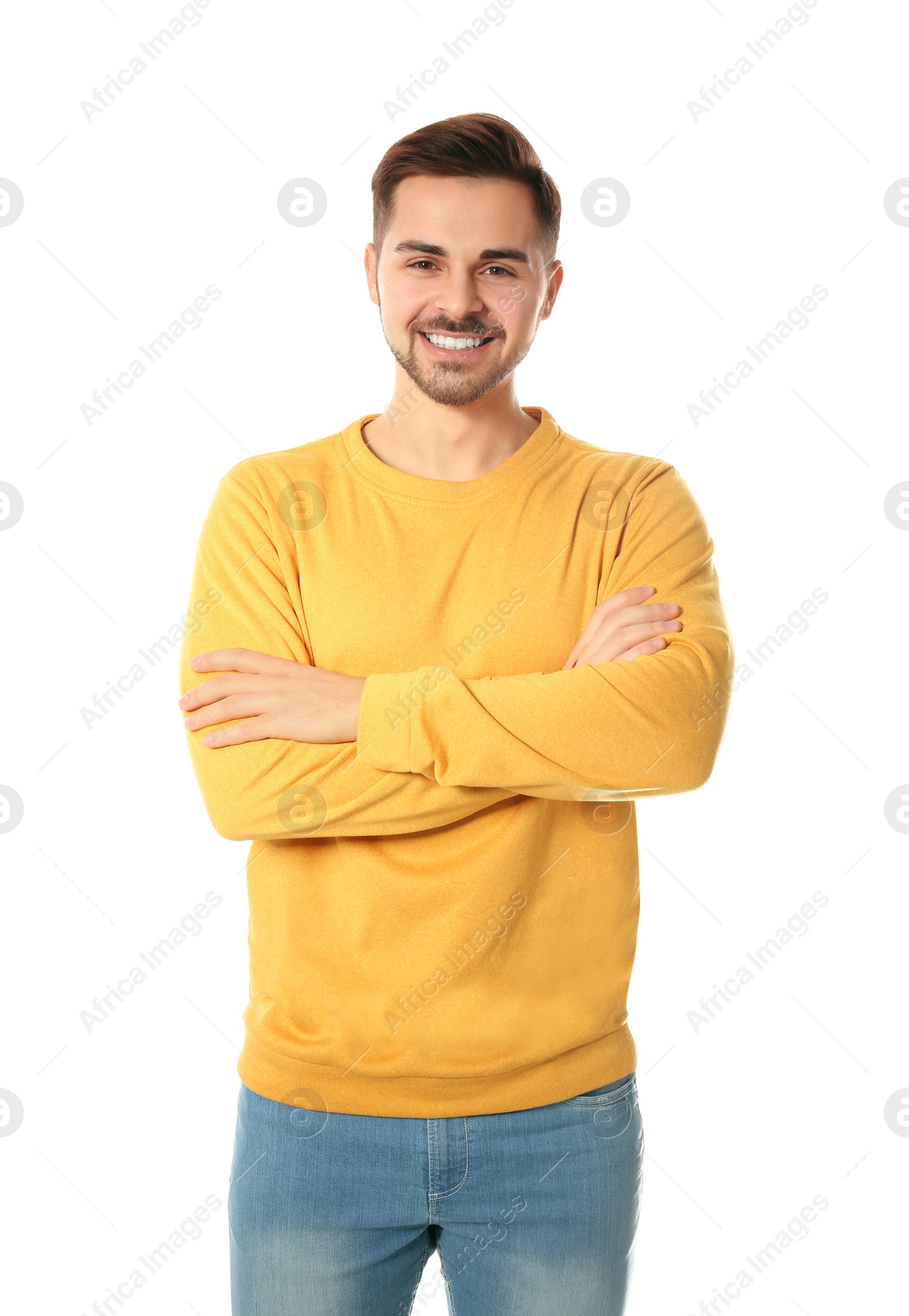 Photo of Portrait of handsome man posing on white background