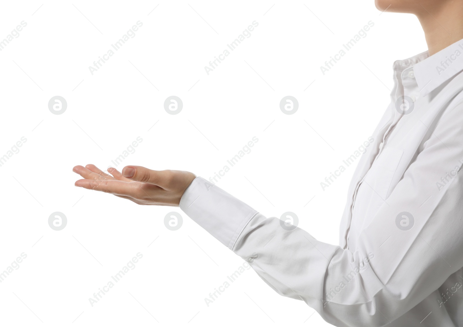 Photo of Businesswoman holding something on white background, closeup