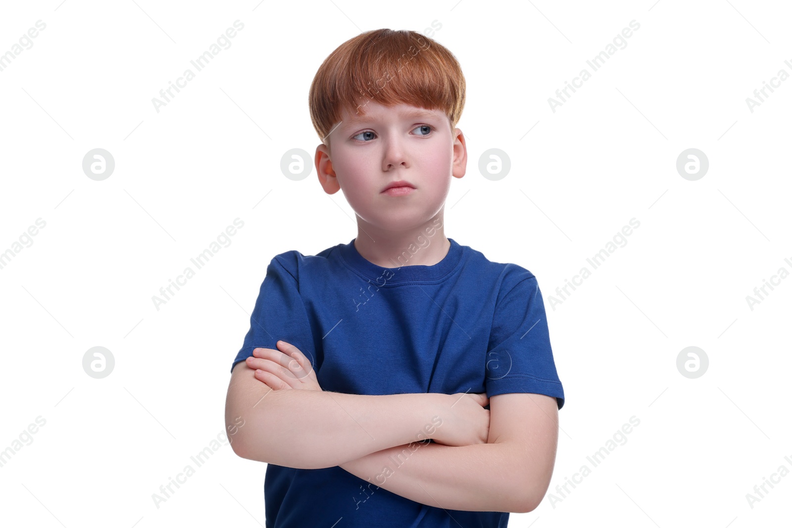 Photo of Portrait of sad little boy on white background