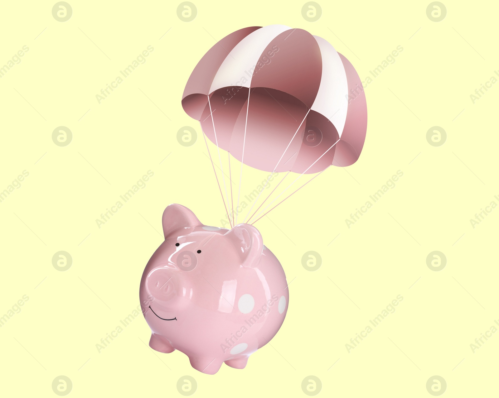 Image of Pink piggy bank with parachute flying on beige background