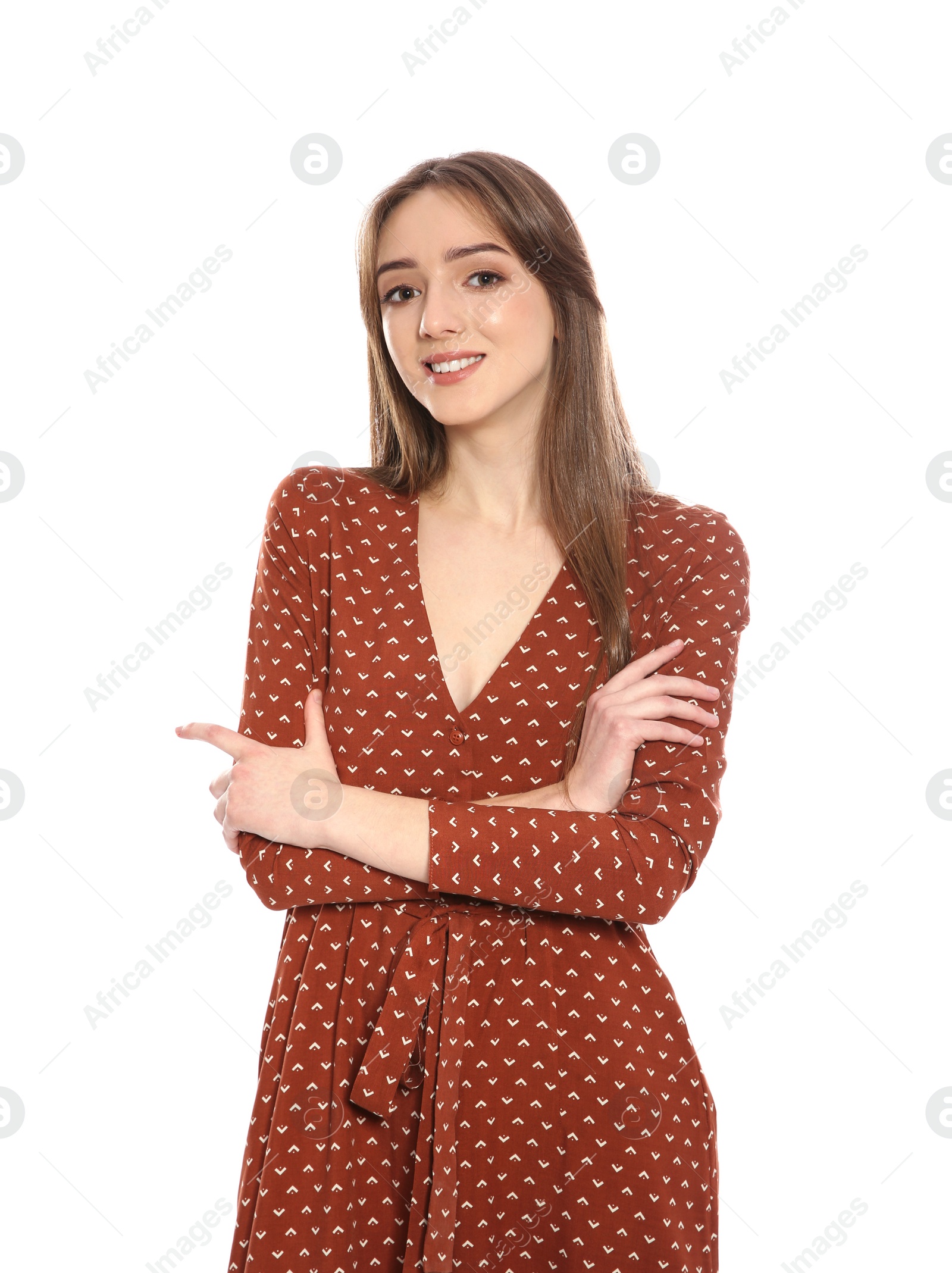 Photo of Portrait of beautiful young woman on white background