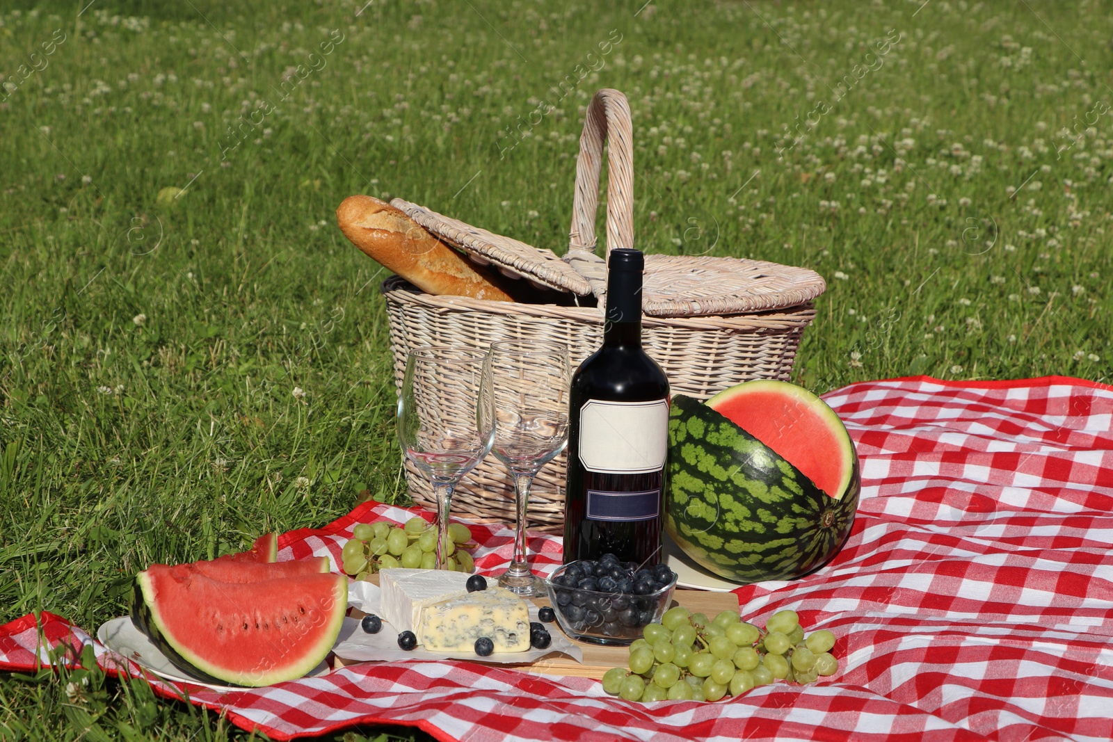 Photo of Picnic blanket with delicious food and wine outdoors on summer day