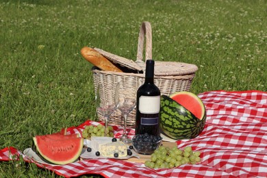 Picnic blanket with delicious food and wine outdoors on summer day