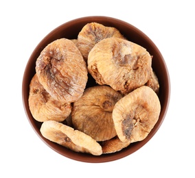 Photo of Bowl of dried figs on white background, top view