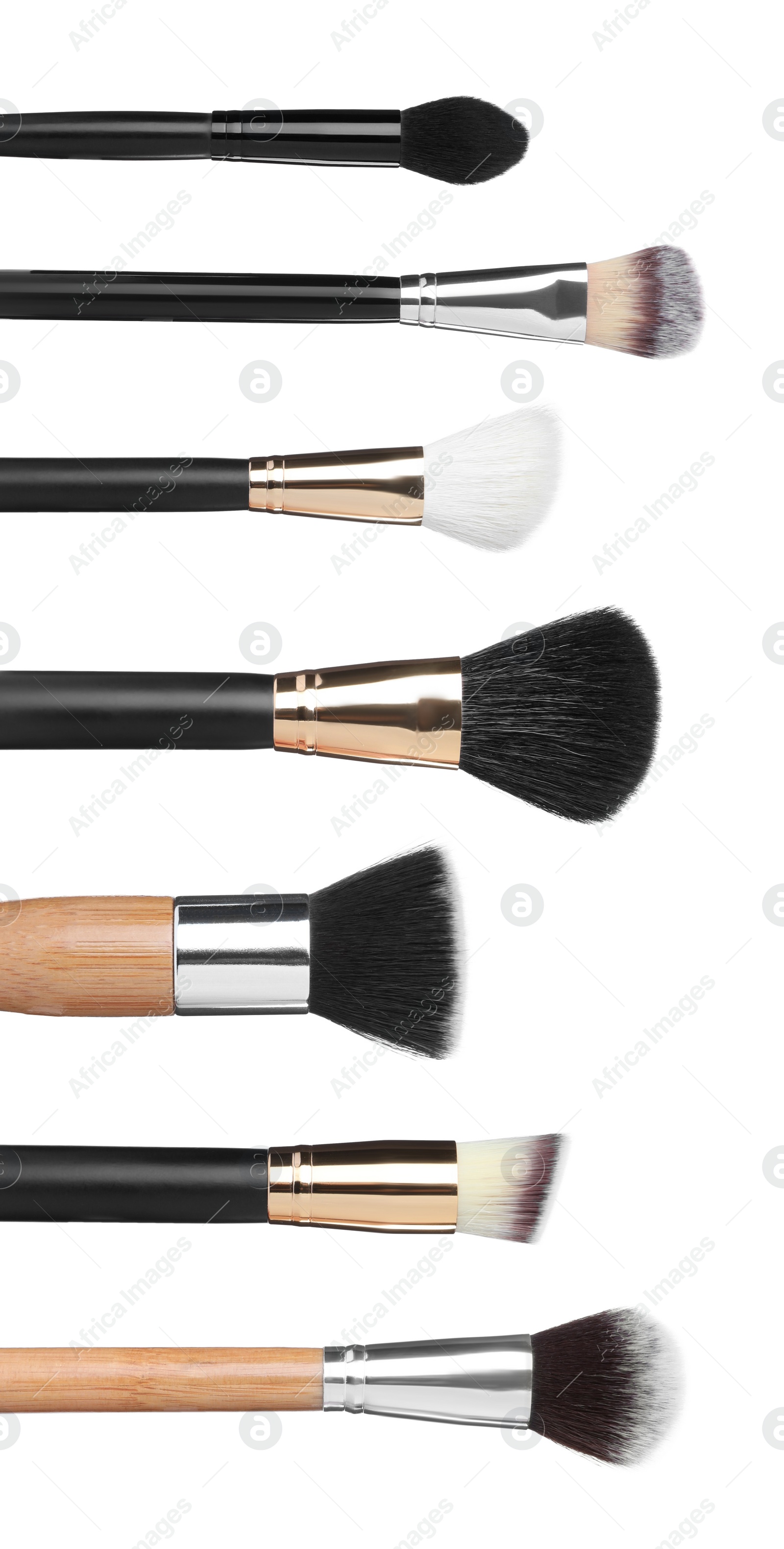 Image of Set with different makeup brushes for applying cosmetic products on white background. Vertical banner design