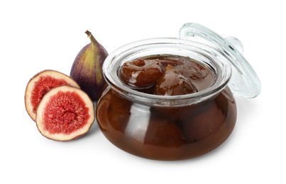 Photo of Jar of tasty sweet jam and fresh figs isolated on white