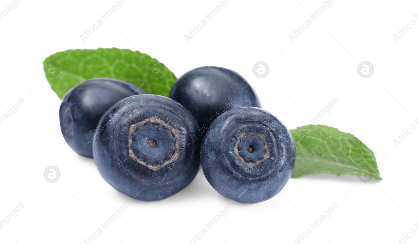 Photo of Tasty ripe bilberries and green leaves isolated on white