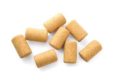 Photo of Pile of wine corks on white background, top view. Bottle cap