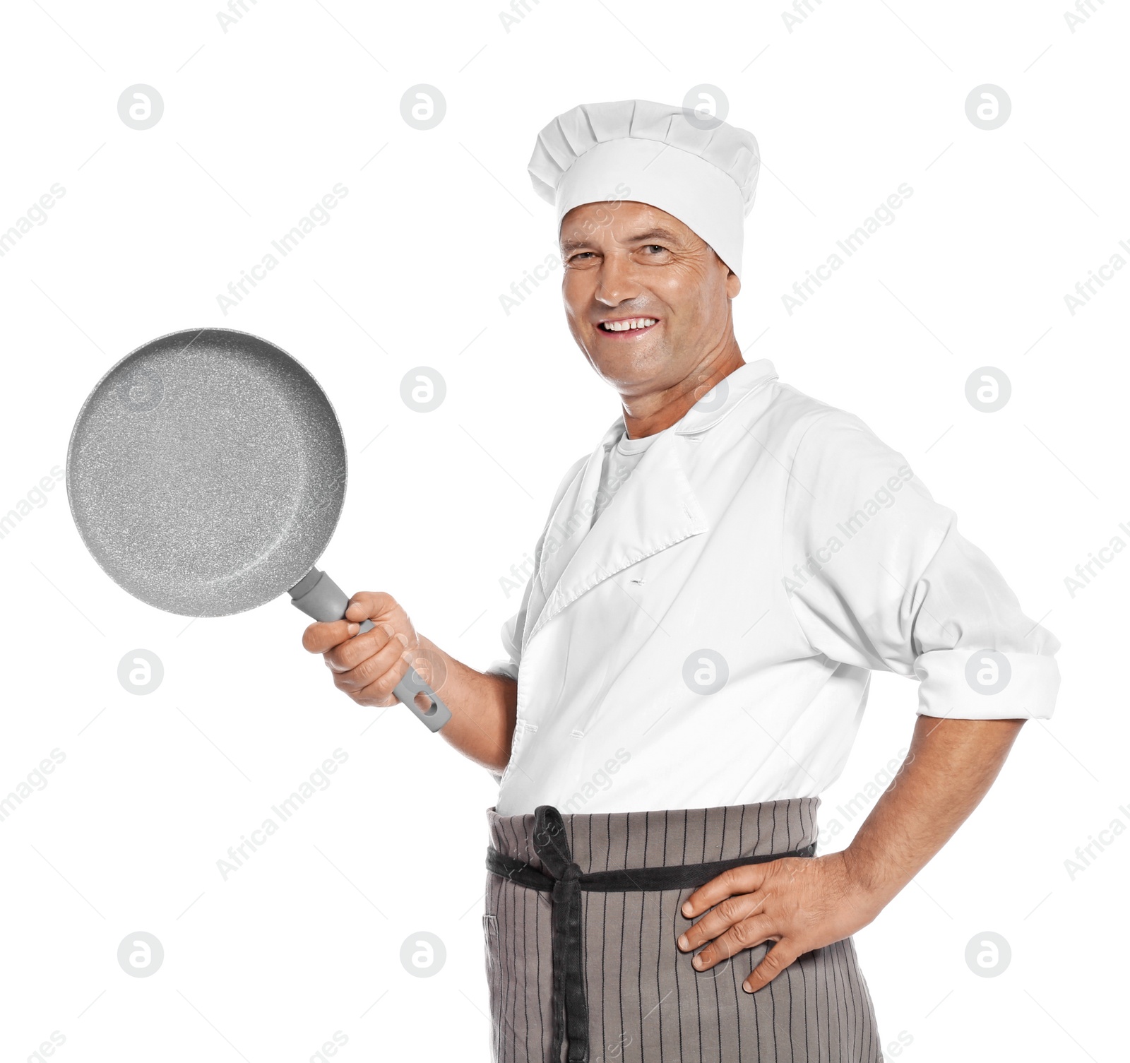 Photo of Mature male chef holding frying pan on white background