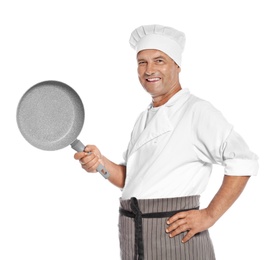 Mature male chef holding frying pan on white background