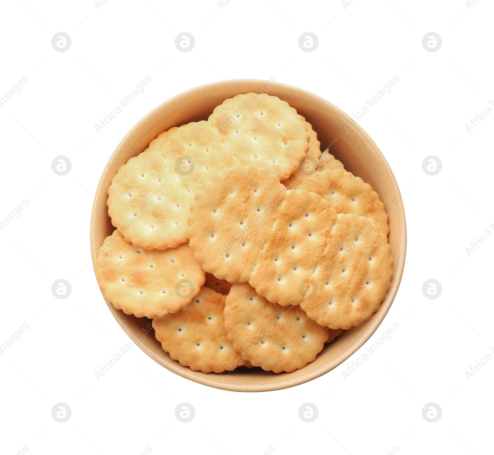 Photo of Delicious crackers in bowl isolated on white, top view