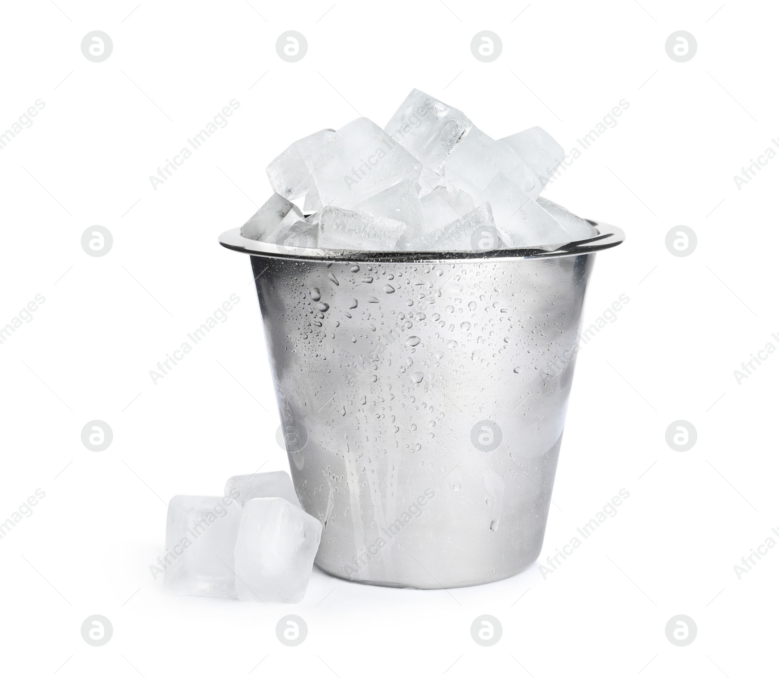 Photo of Metal bucket with ice cubes isolated on white