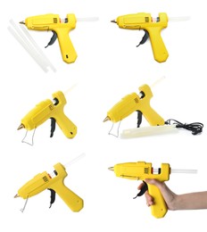 Image of Set with yellow glue guns and sticks on white background