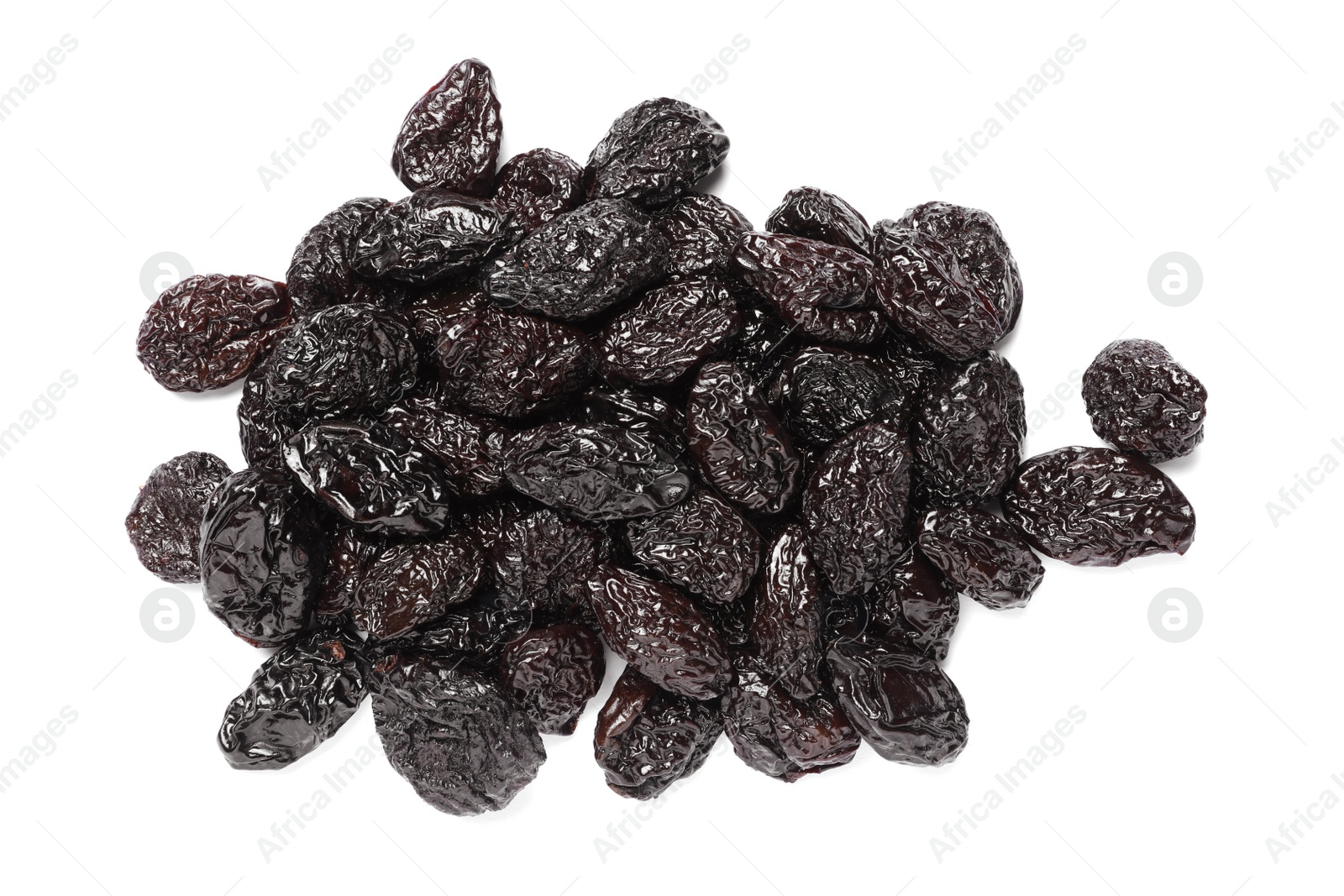 Photo of Heap of sweet dried prunes on white background, top view