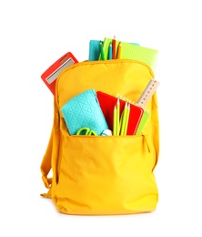 Photo of Color backpack with stationery on white background. Ready for school