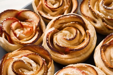 Freshly baked apple roses on black plate, closeup. Beautiful dessert