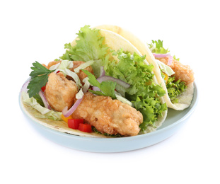 Yummy fish tacos with lettuce isolated on white