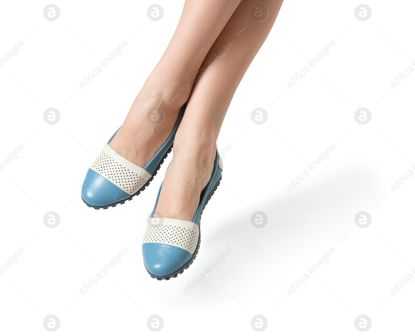 Photo of Woman in stylish shoes isolated on white, closeup