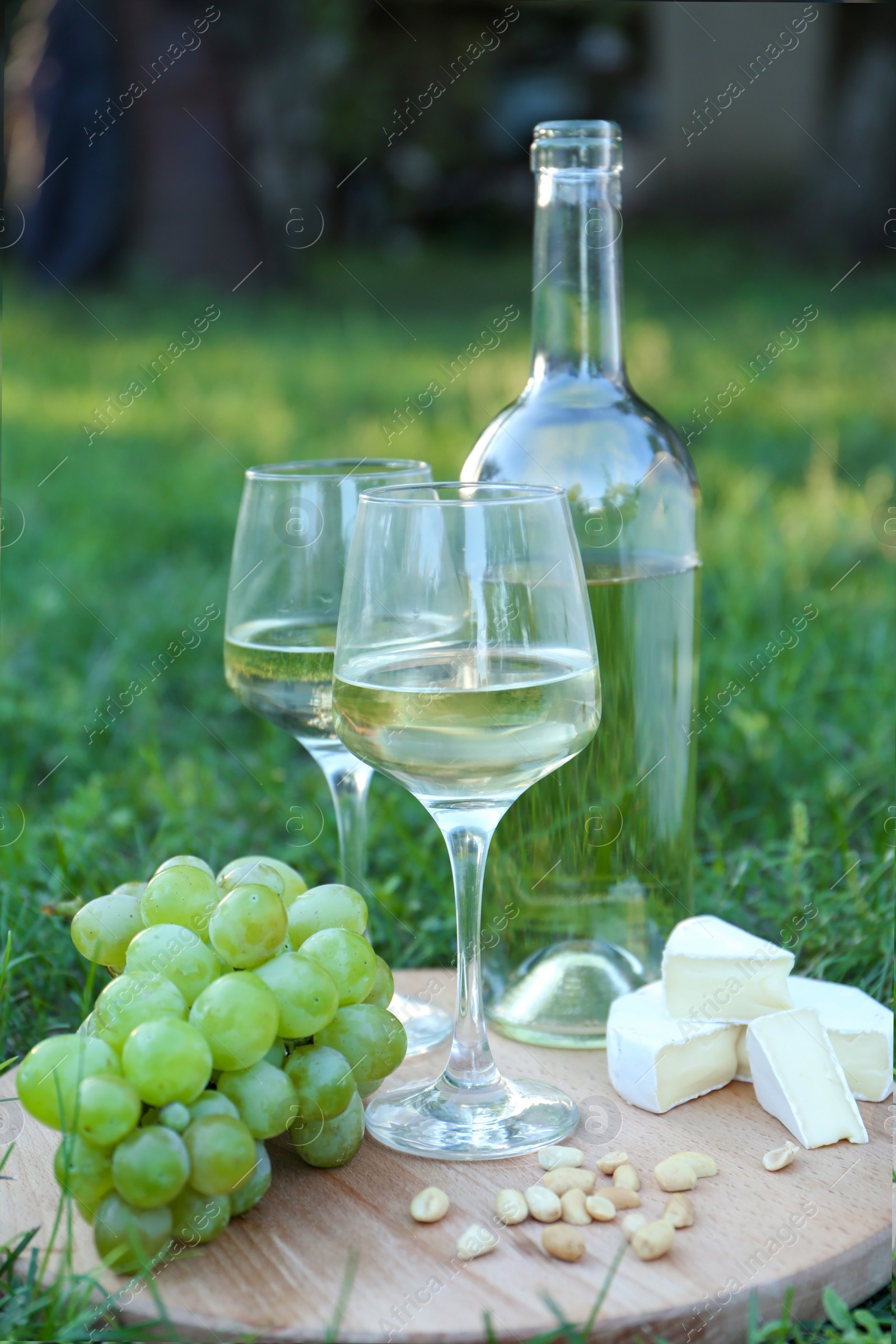 Photo of Delicious white wine, grapes, cheese and nuts on green grass outdoors