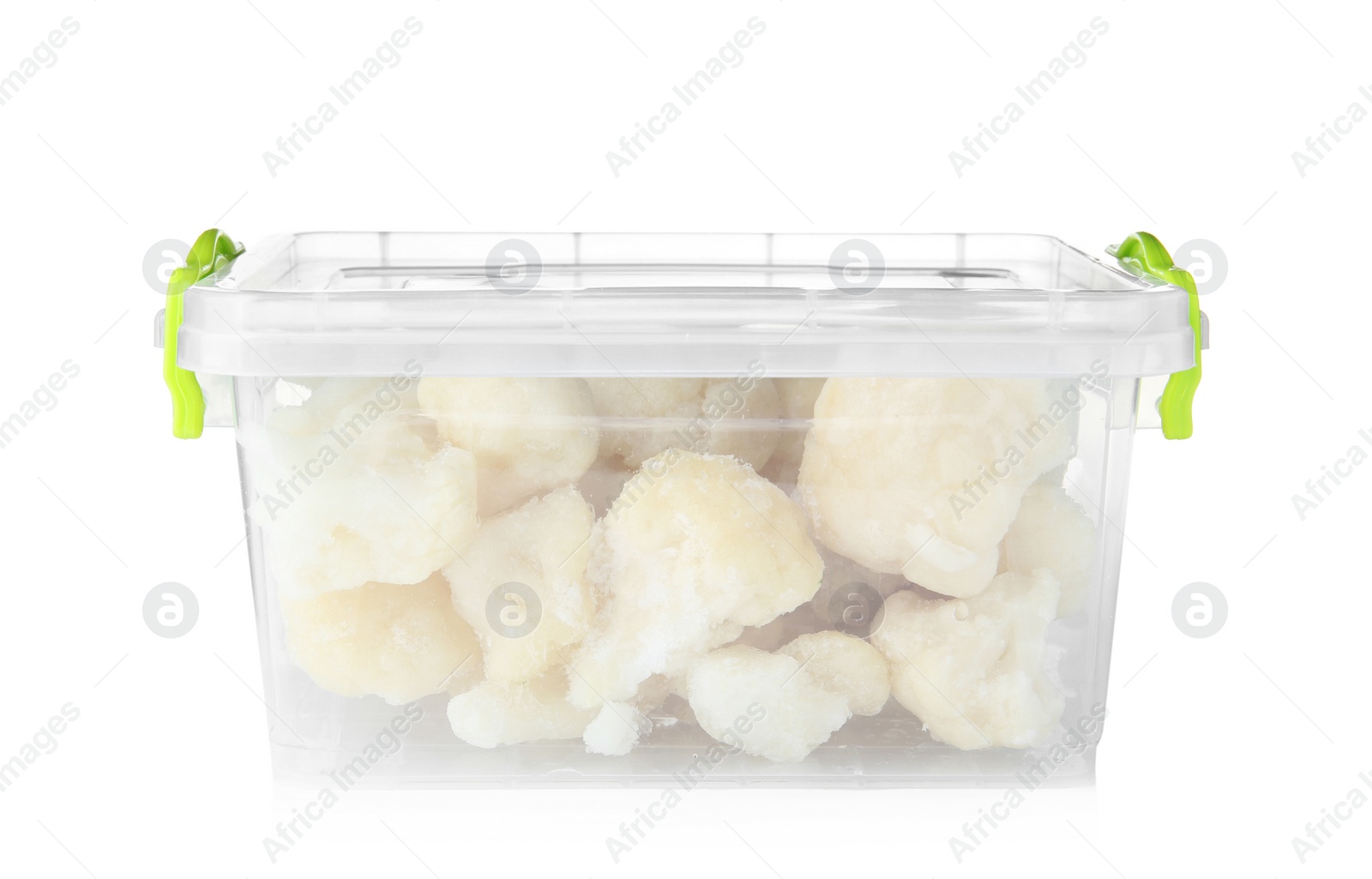 Photo of Plastic container with frozen cauliflower on white background. Vegetable preservation