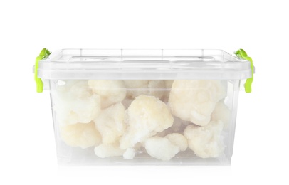 Plastic container with frozen cauliflower on white background. Vegetable preservation