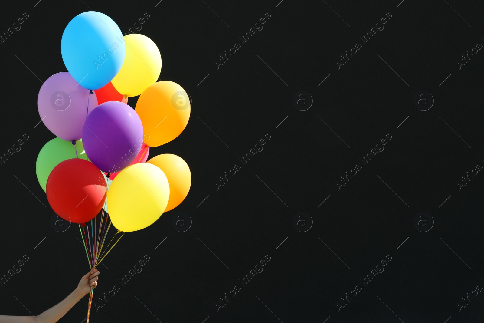 Photo of Woman with bunch of colorful balloons on black background, closeup. Space for text