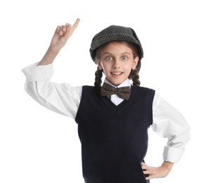 Photo of Cute little detective in hat on white background