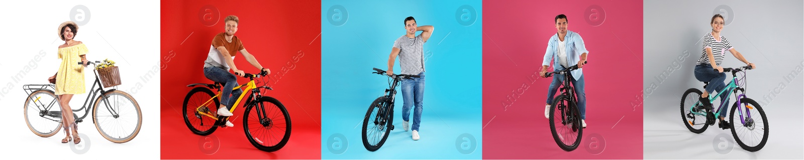 Image of Collage with photos of people with bicycles on different color backgrounds