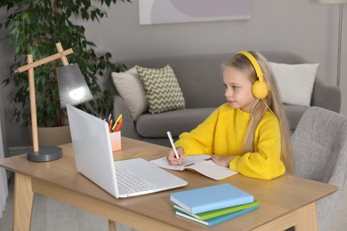 Photo of Cute little girl with modern laptop studying online at home. E-learning