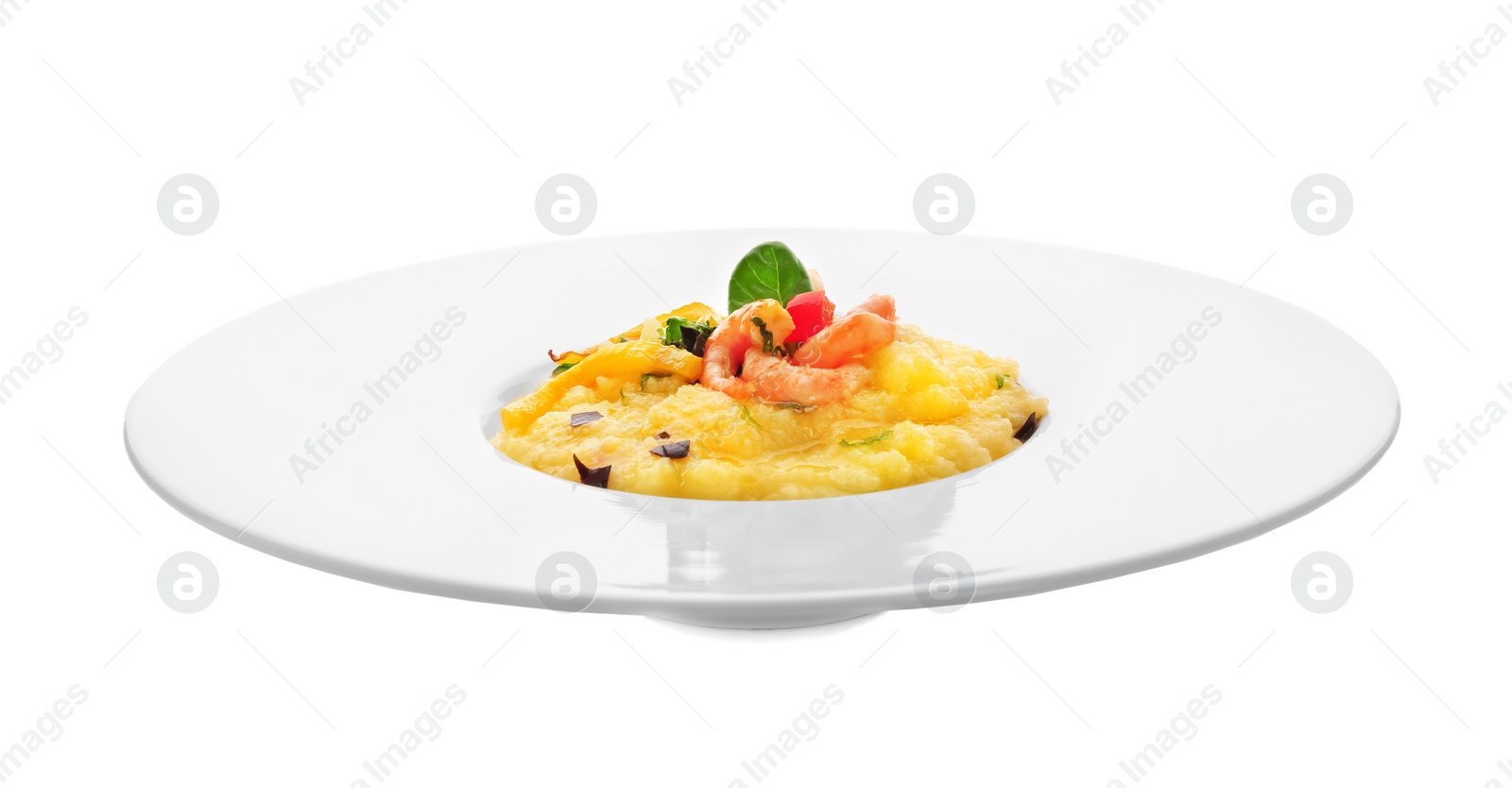 Photo of Plate with fresh tasty shrimp and grits on white background