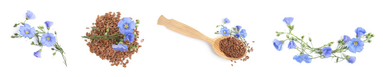 Image of Set with flax seeds and flowers on white background, top view. Banner design