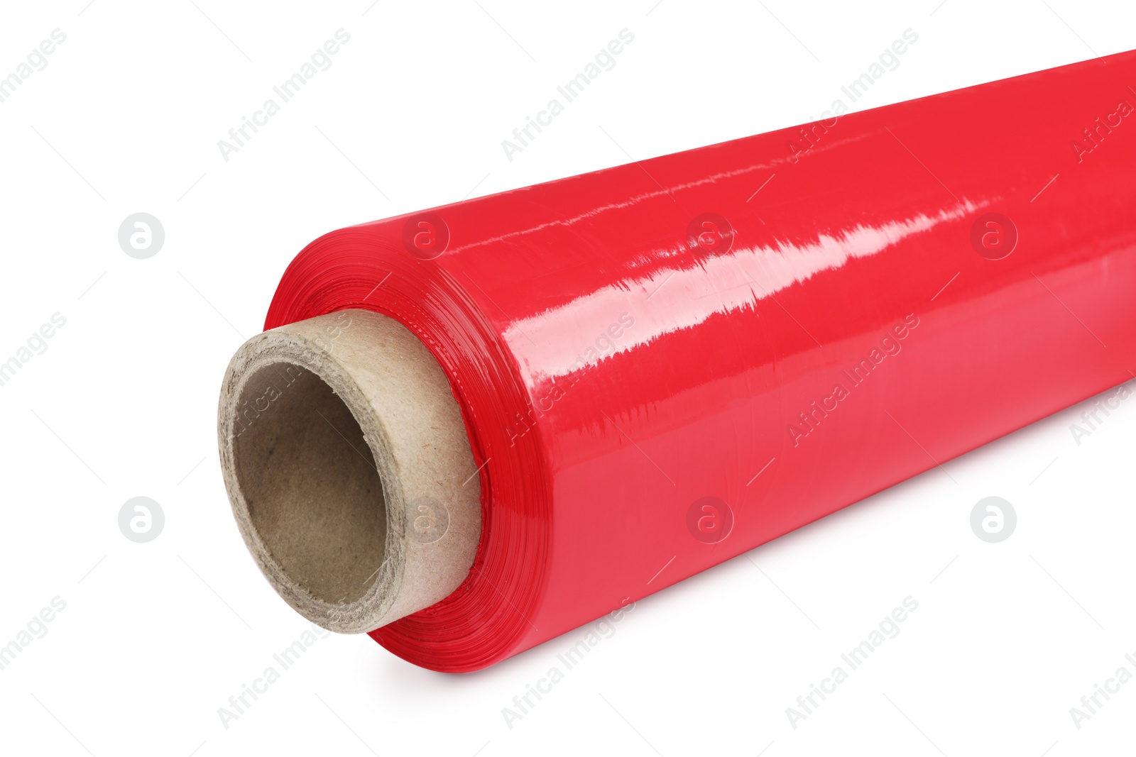 Photo of Roll of red plastic stretch wrap film isolated on white, closeup