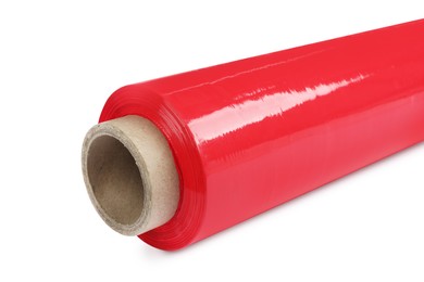 Photo of Roll of red plastic stretch wrap film isolated on white, closeup