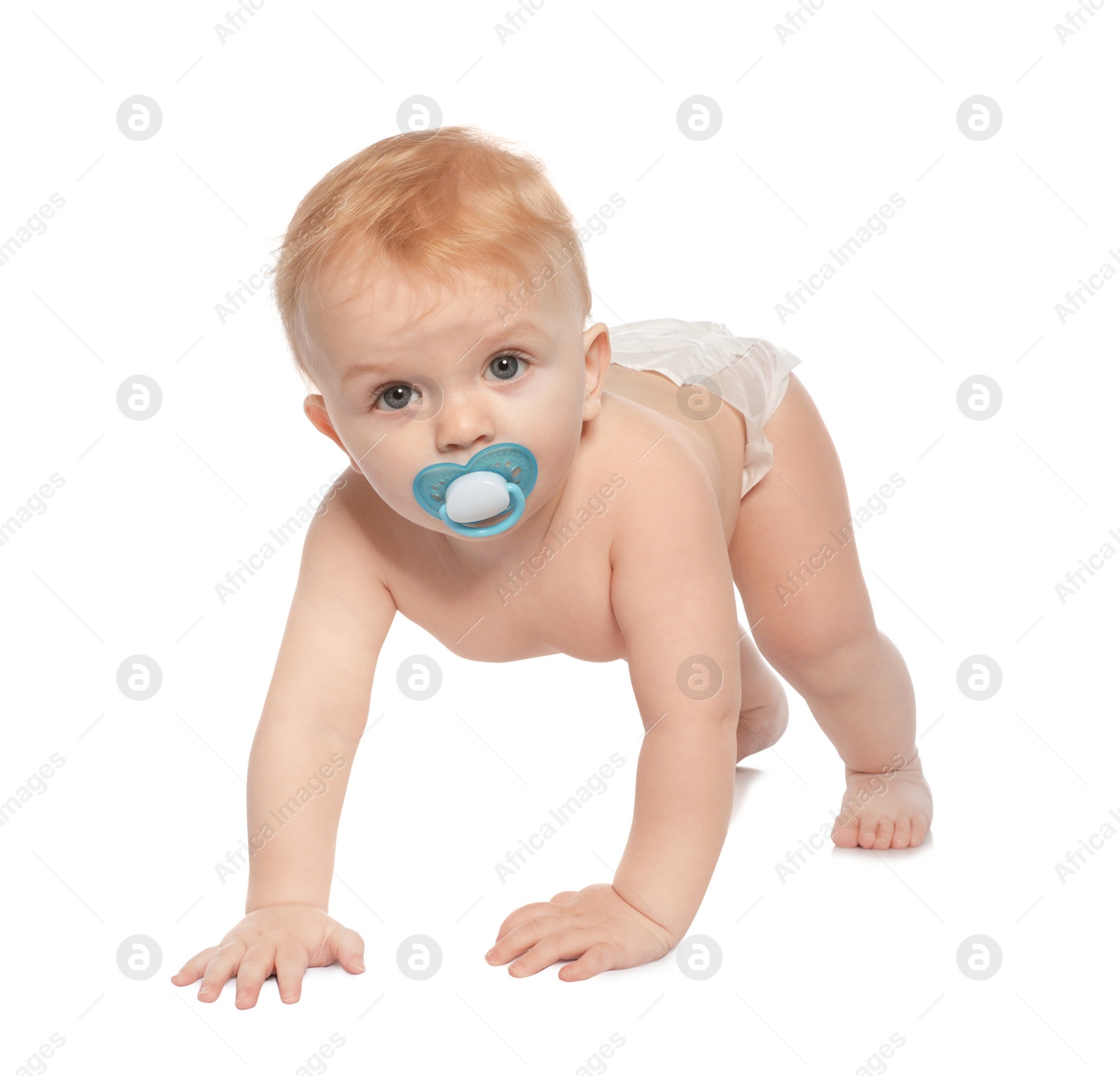 Photo of Cute little baby crawling on white background