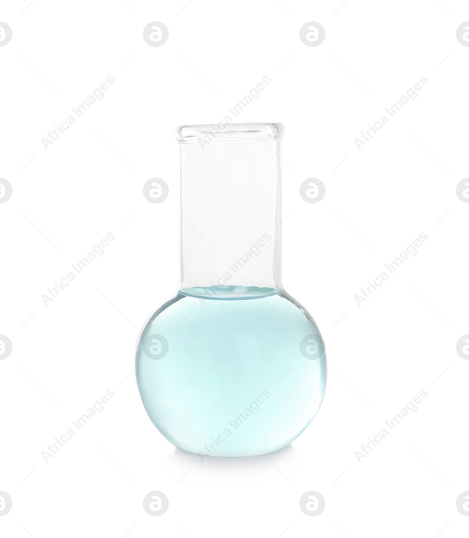 Photo of Laboratory flask with liquid on white background. Chemical analysis