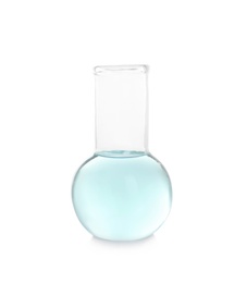 Photo of Laboratory flask with liquid on white background. Chemical analysis